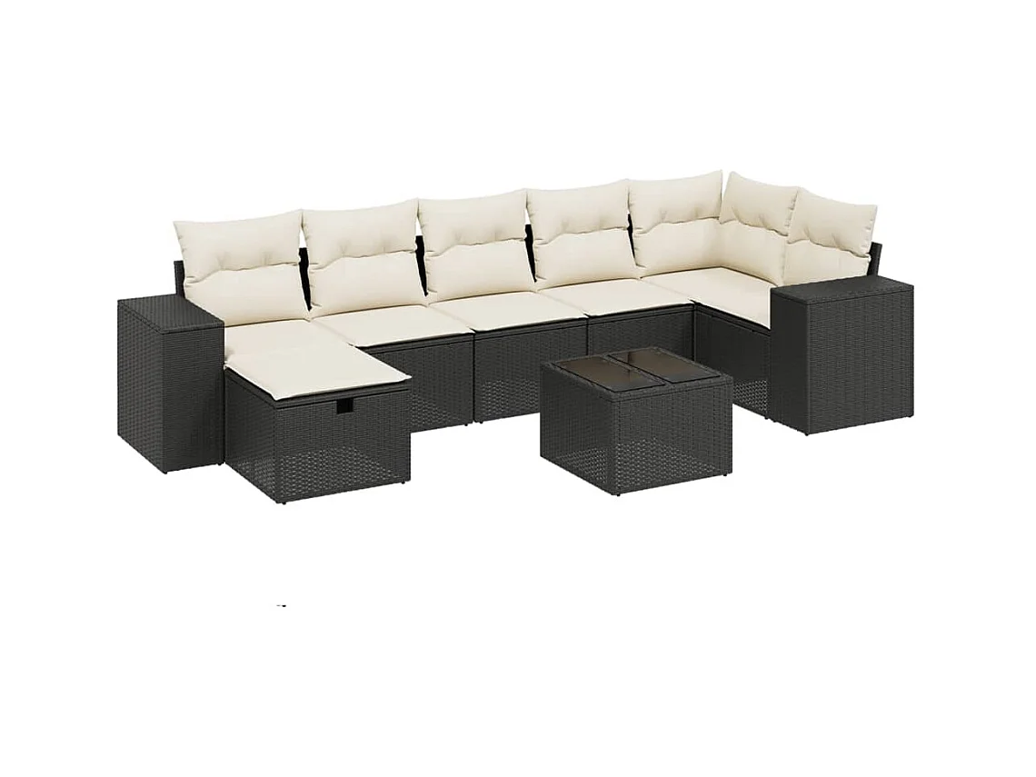 8-delige Loungeset met kussens poly rattan zwart