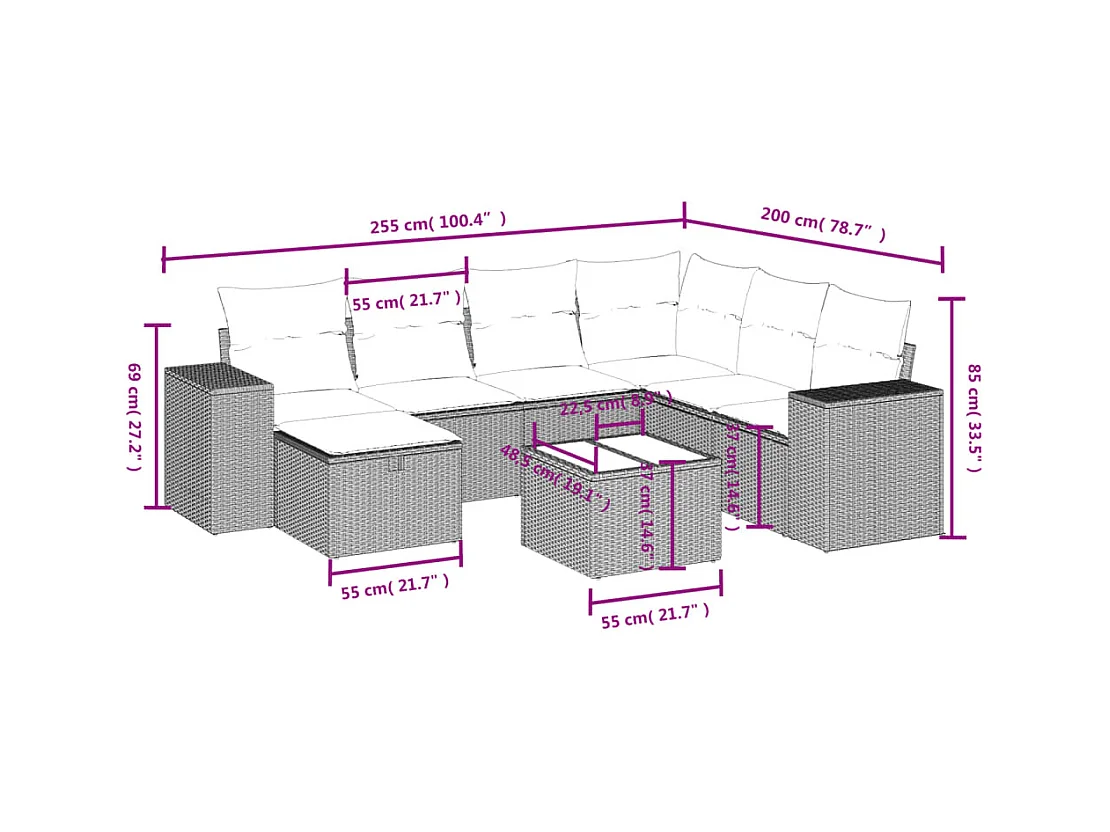 8-delige Loungeset met kussens poly rattan zwart
