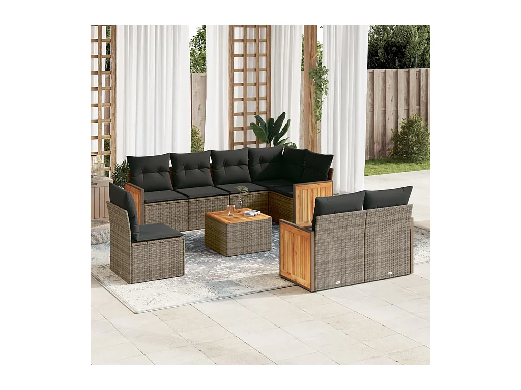 Salon de jardin 9 pcs avec coussins gris résine tressée