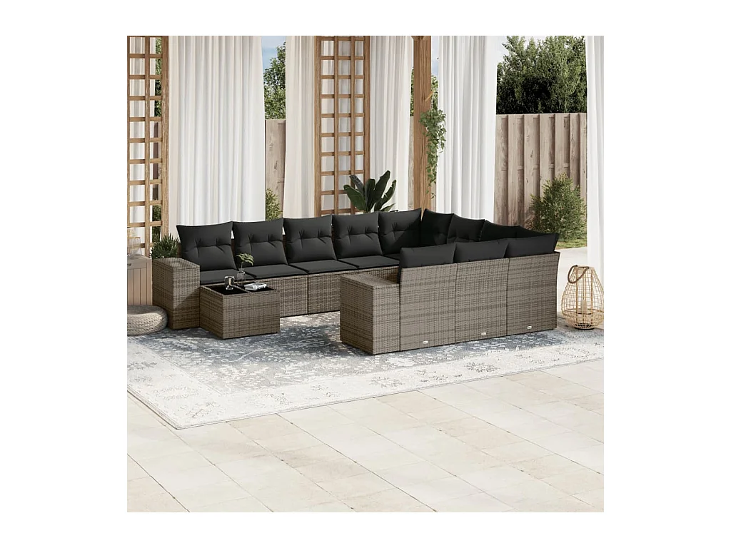 11-tlg. Garten-Sofagarnitur mit Kissen Grau Poly Rattan