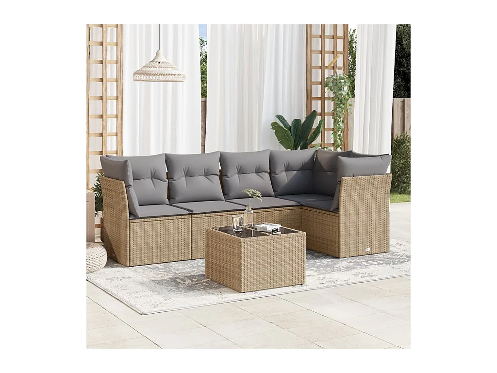 6-delige Loungeset met kussens poly rattan beige