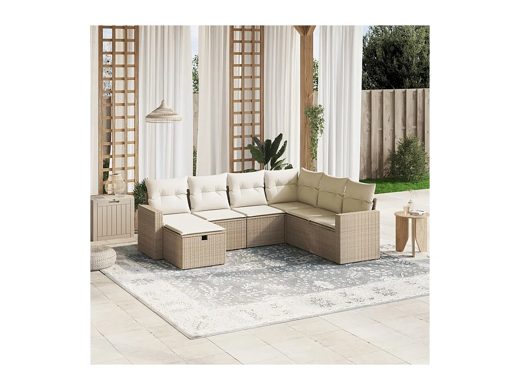 Salon de jardin avec coussins 7 pcs beige résine tressée