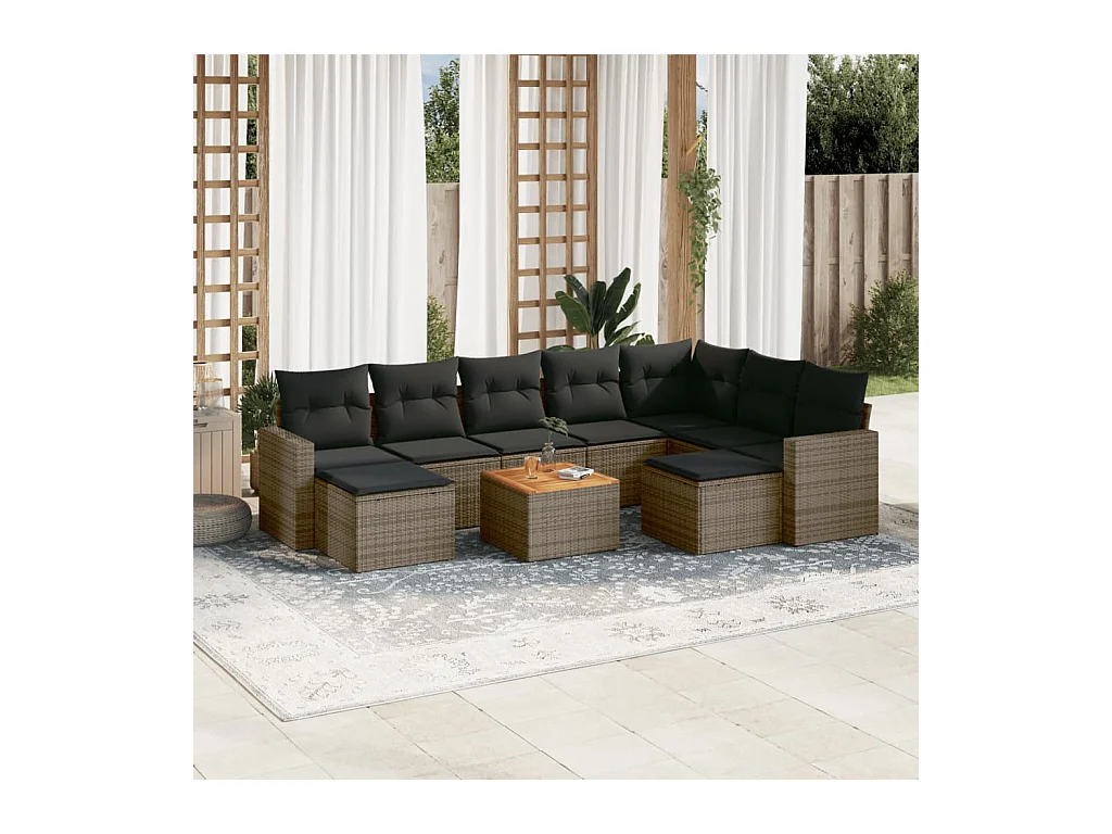10-delige Loungeset met kussens poly rattan grijs