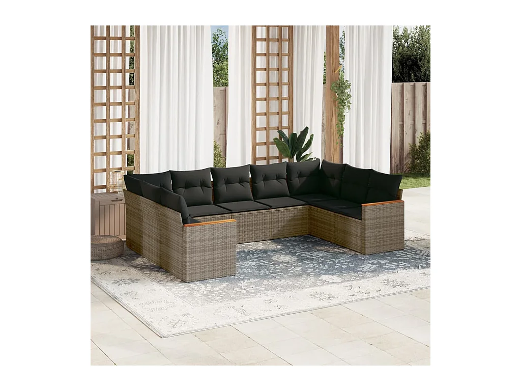 9-delige Loungeset met kussens poly rattan grijs