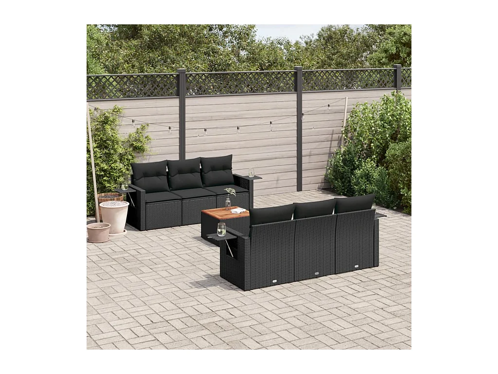 7-tlg. Garten-Sofagarnitur mit Kissen Schwarz Poly Rattan
