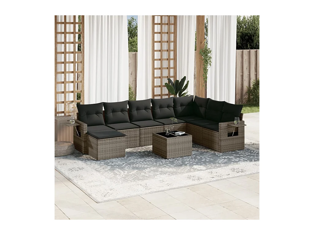 Salon de jardin 9 pcs avec coussins gris résine tressée