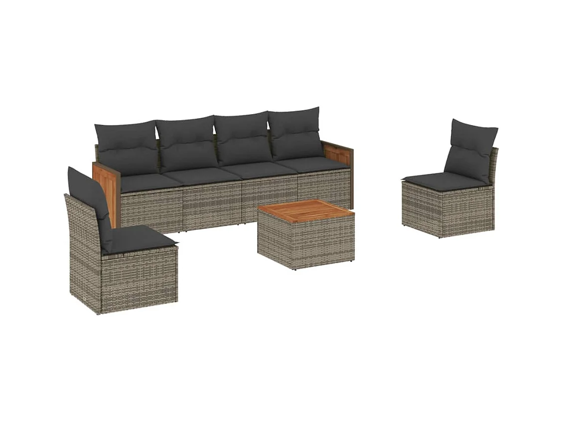 Salon de jardin avec coussins 7 pcs gris résine tressée