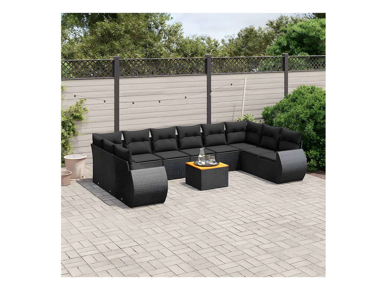 11-tlg. Garten-Sofagarnitur mit Kissen Schwarz Poly Rattan
