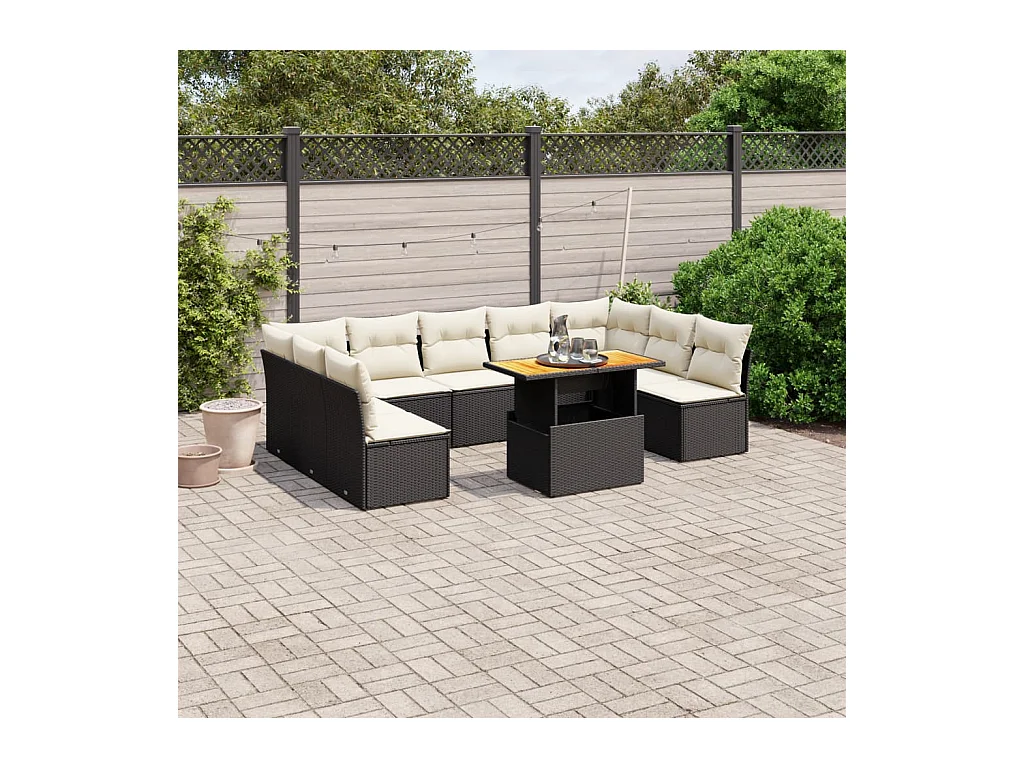 Salon de jardin 10 pcs avec coussins noir résine tressée