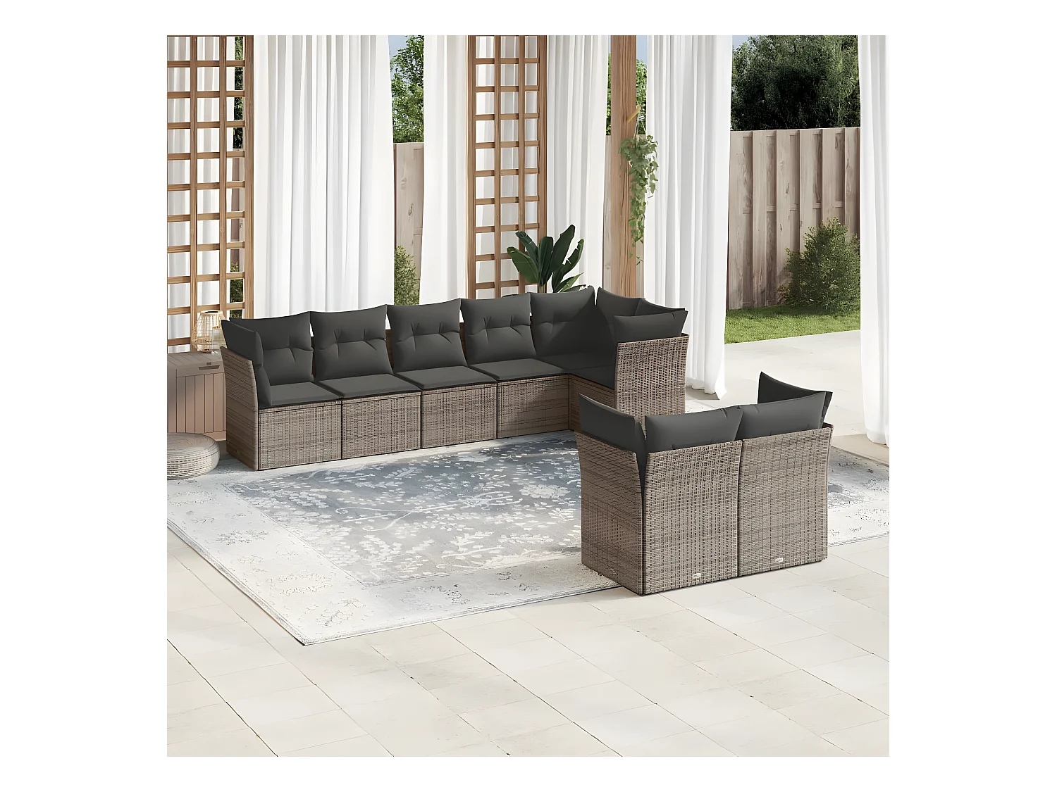 8-delige Loungeset met kussens poly rattan grijs