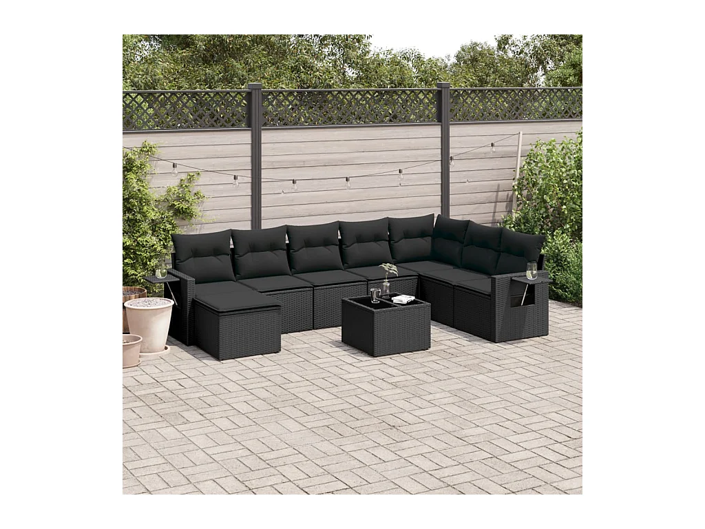 9-delige Loungeset met kussens poly rattan zwart