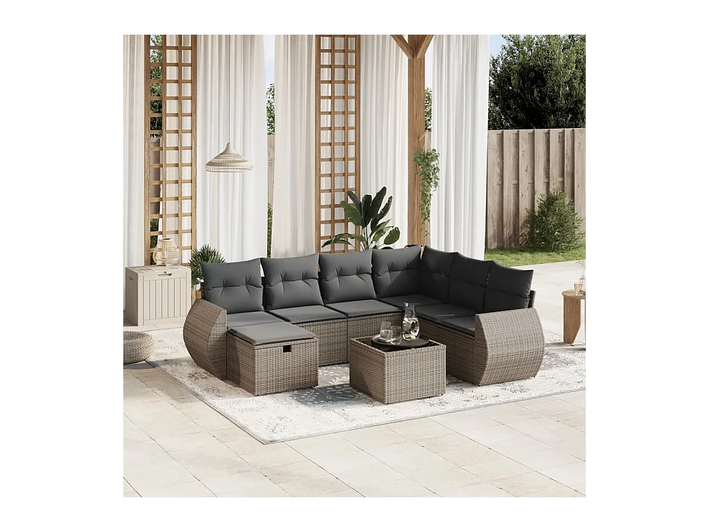 8-tlg. Garten-Sofagarnitur mit Kissen Grau Poly Rattan