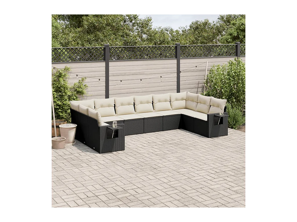 10-tlg. Garten-Sofagarnitur mit Kissen Schwarz Poly Rattan