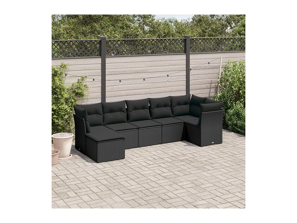 Salon de jardin 7 pcs avec coussins noir résine tressée