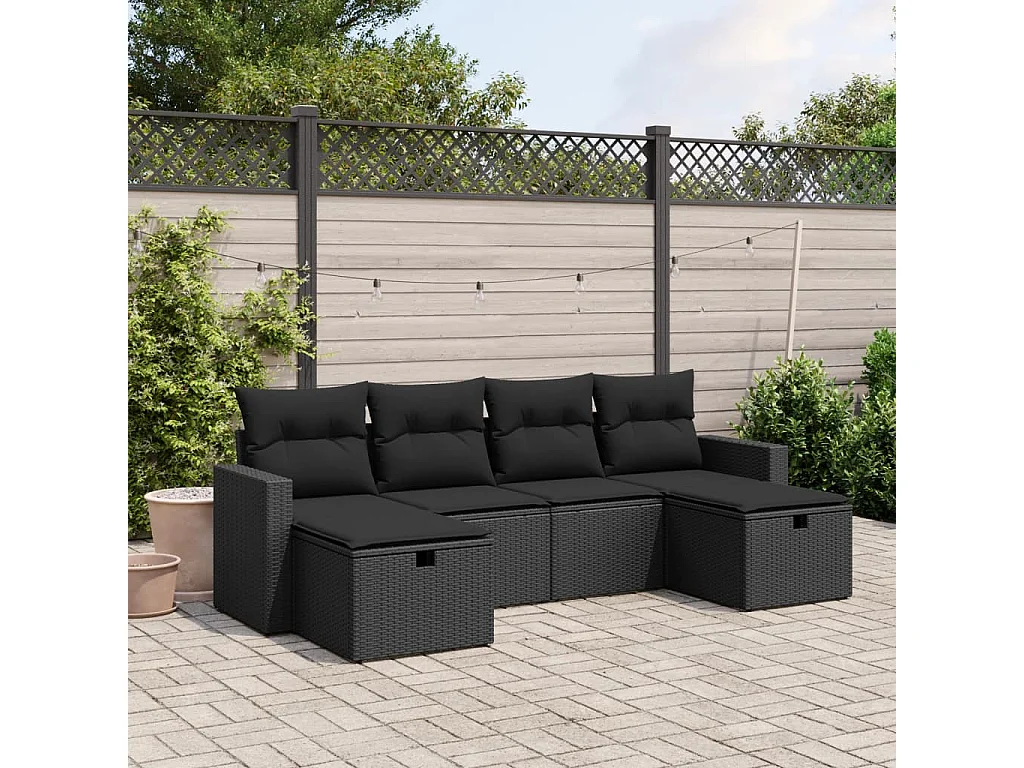 6-delige Loungeset met kussens poly rattan zwart