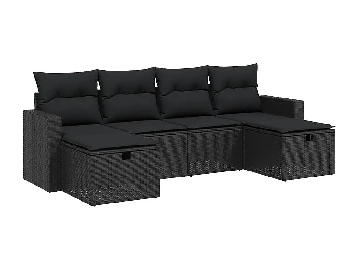 6-delige Loungeset met kussens poly rattan zwart