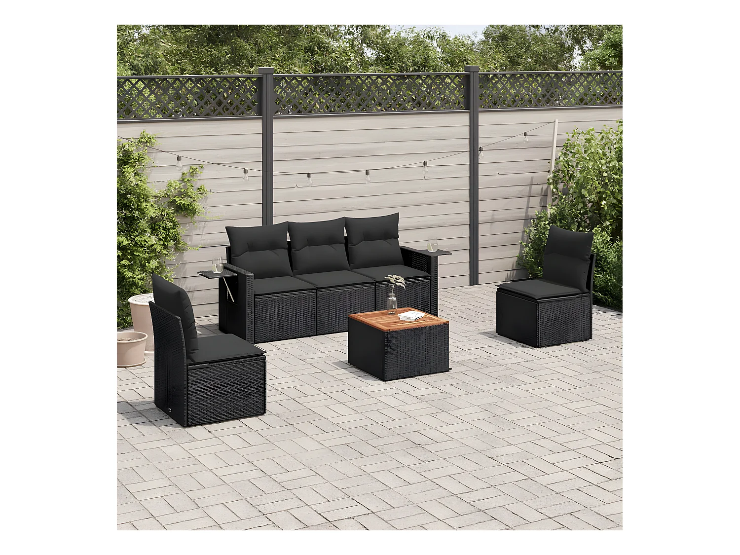 Salon de jardin 6 pcs avec coussins noir résine tressée