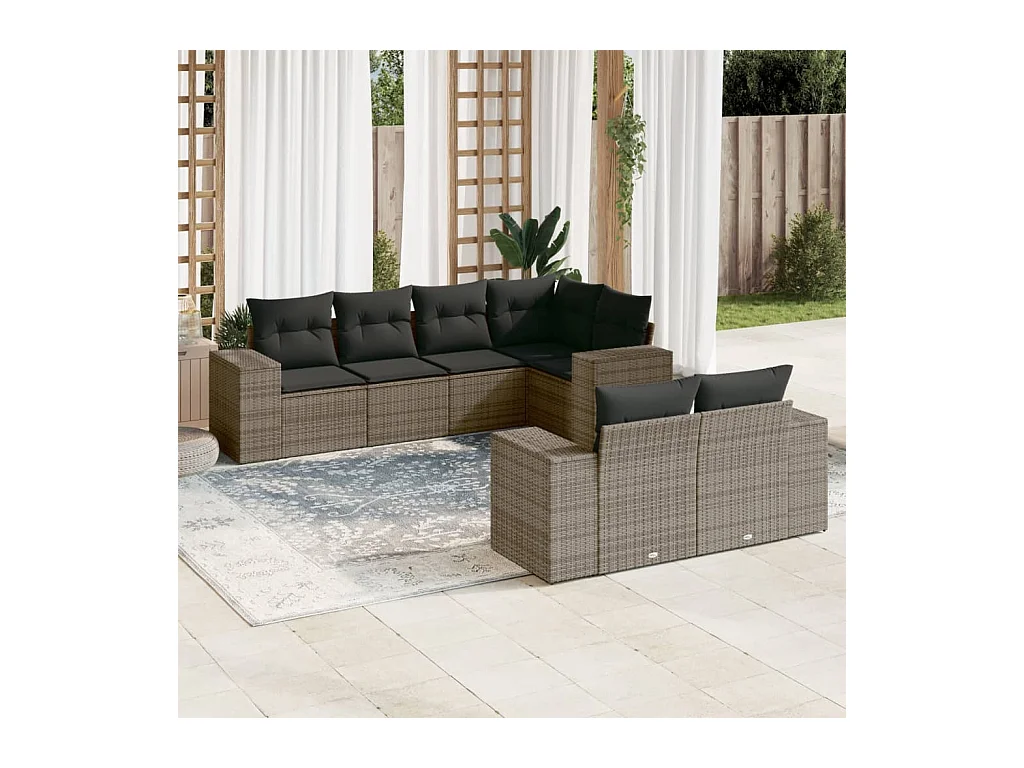 Set de sofás de jardín 7 piezas con cojines ratán PE gris