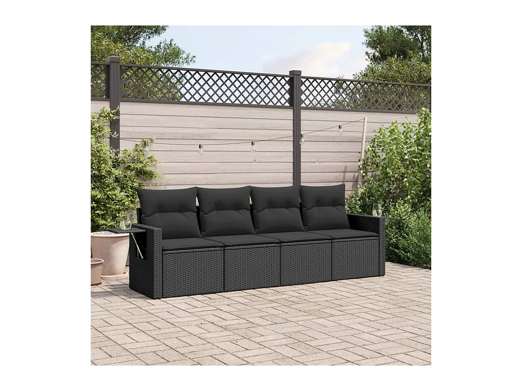 Salon de jardin 4 pcs avec coussins noir résine tressée
