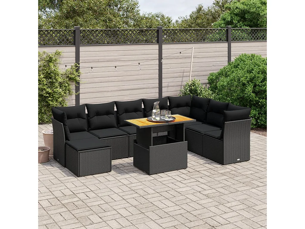 9-delige Loungeset met kussens poly rattan zwart