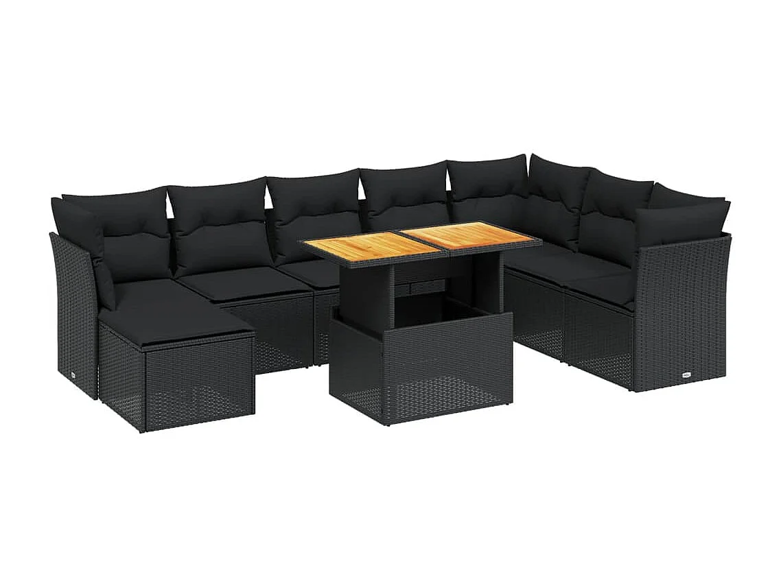 9-delige Loungeset met kussens poly rattan zwart