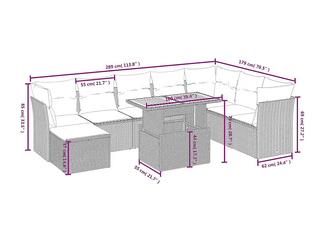 9-delige Loungeset met kussens poly rattan zwart