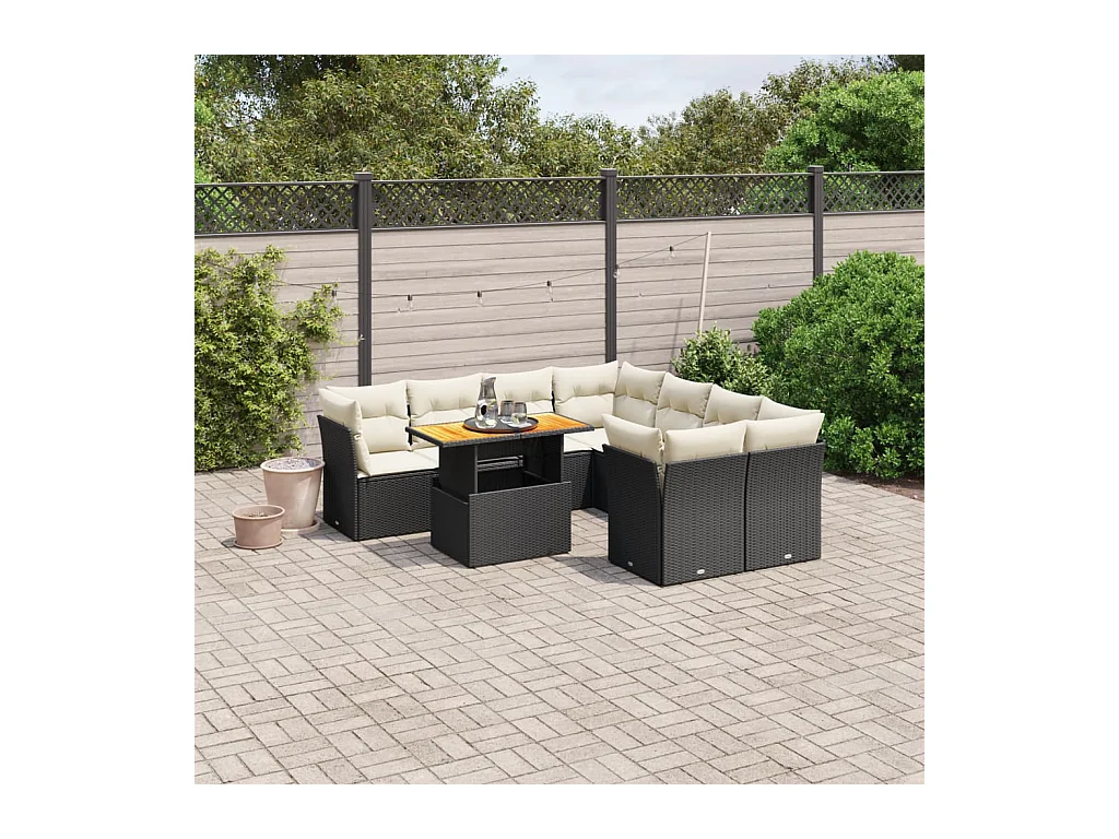 Salon de jardin 9 pcs avec coussins noir résine tressée