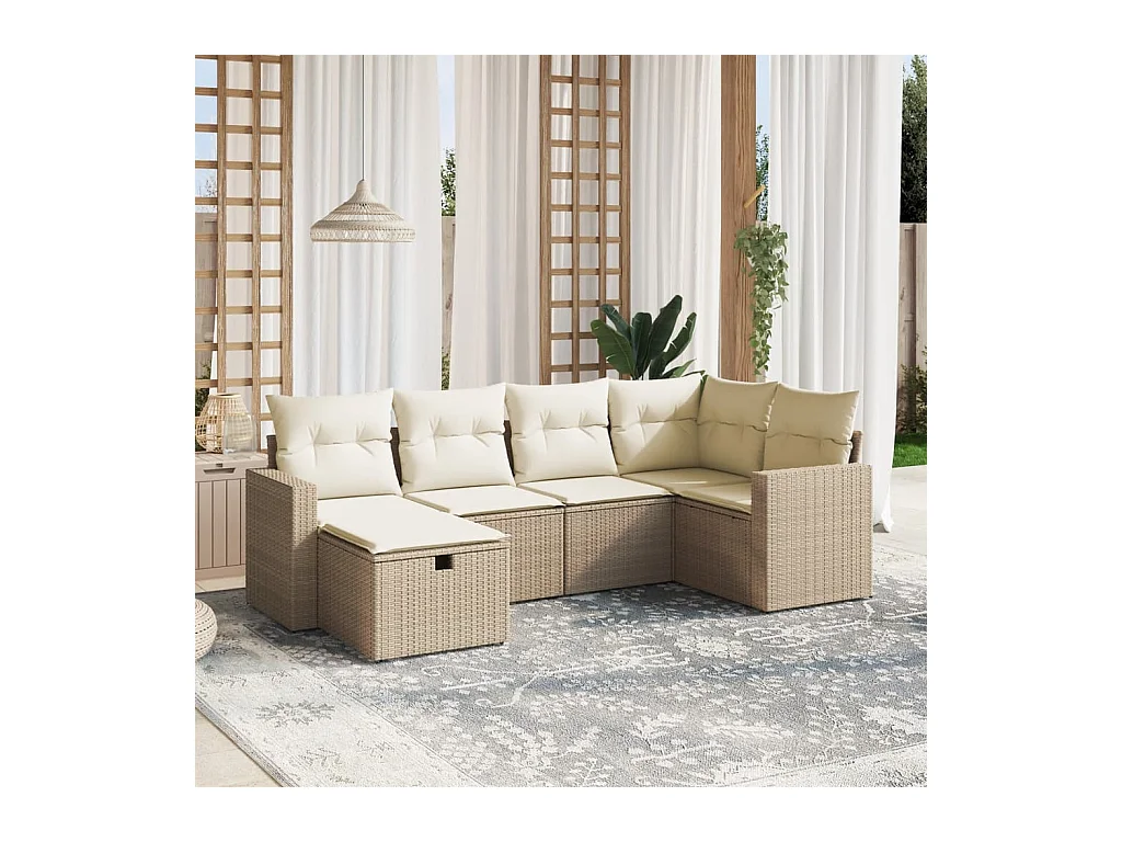 Set Divano da Giardino 6 pz con Cuscini Beige in Polyrattan