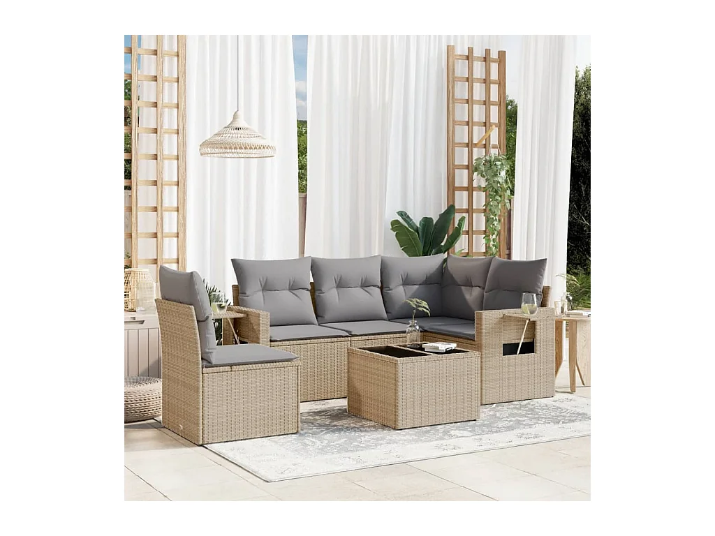 6-delige Loungeset met kussens poly rattan beige
