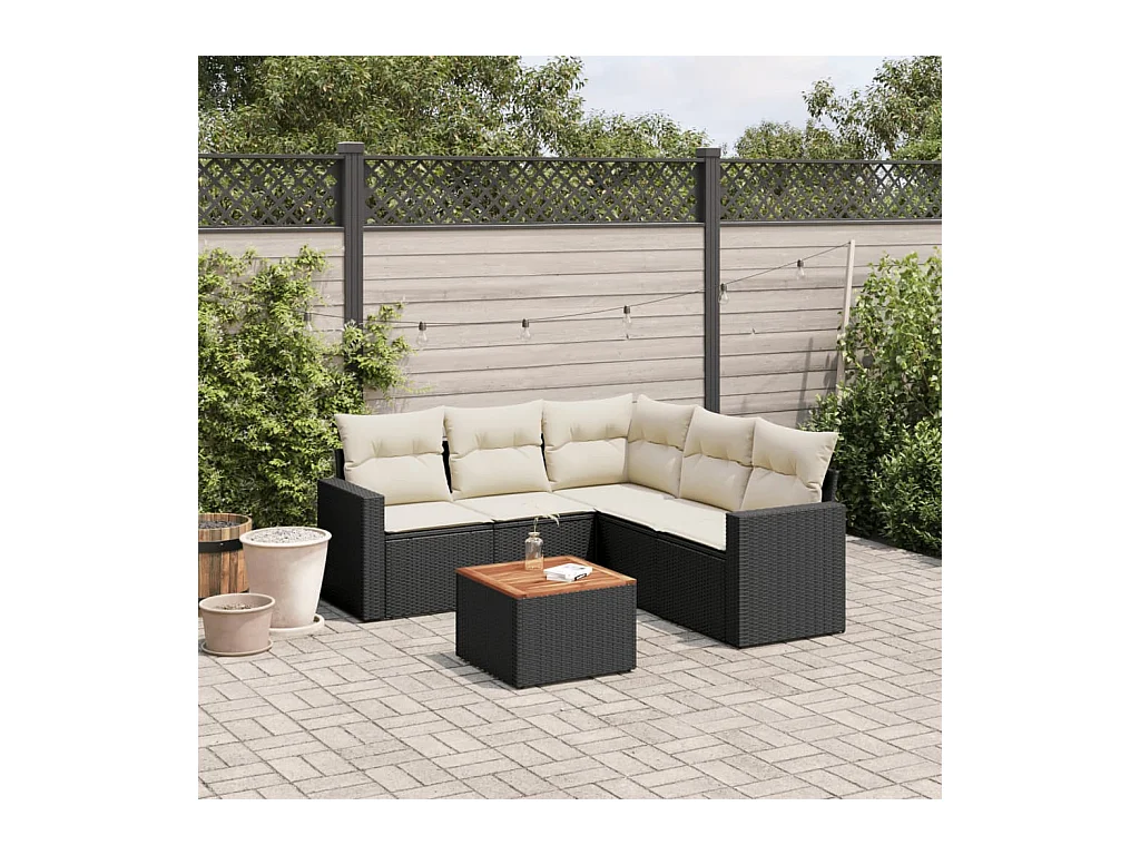 Salon de jardin 6 pcs avec coussins noir résine tressée