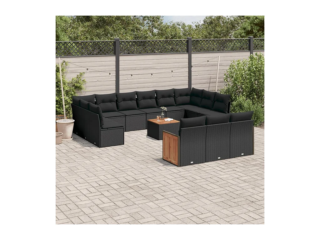 Set de sofás de jardín y cojines 14 pzas ratán sintético negro