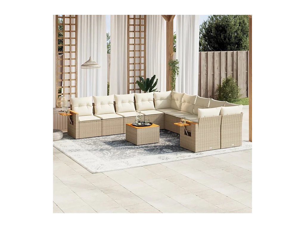 Salon de jardin 11 pcs avec coussins beige résine tressée