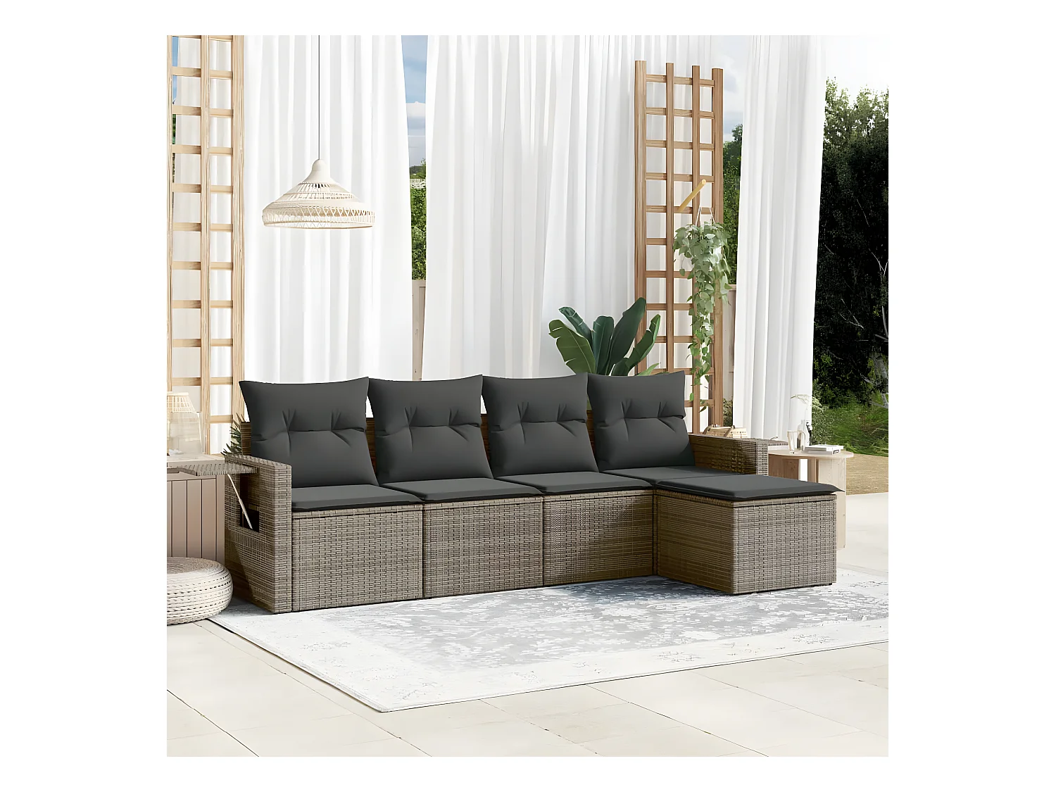 5-delige Loungeset met kussens poly rattan grijs