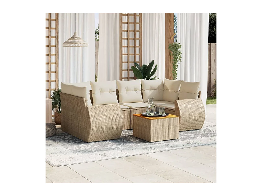 7-delige Loungeset met kussens poly rattan beige