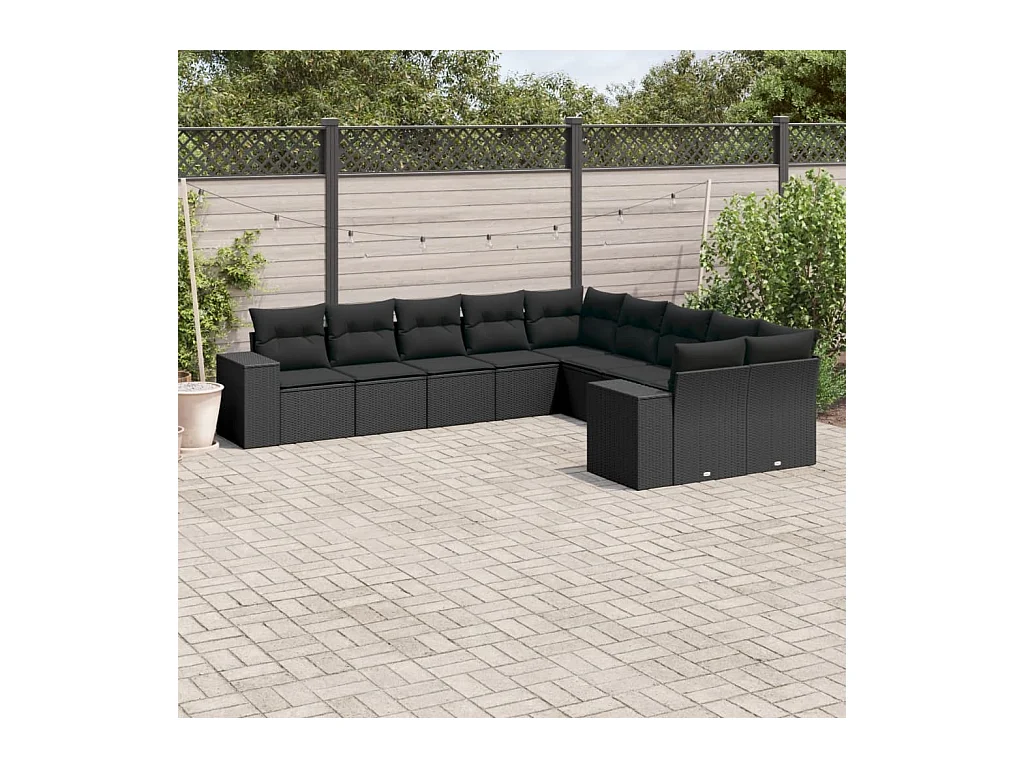 Salon de jardin 10 pcs avec coussins noir résine tressée
