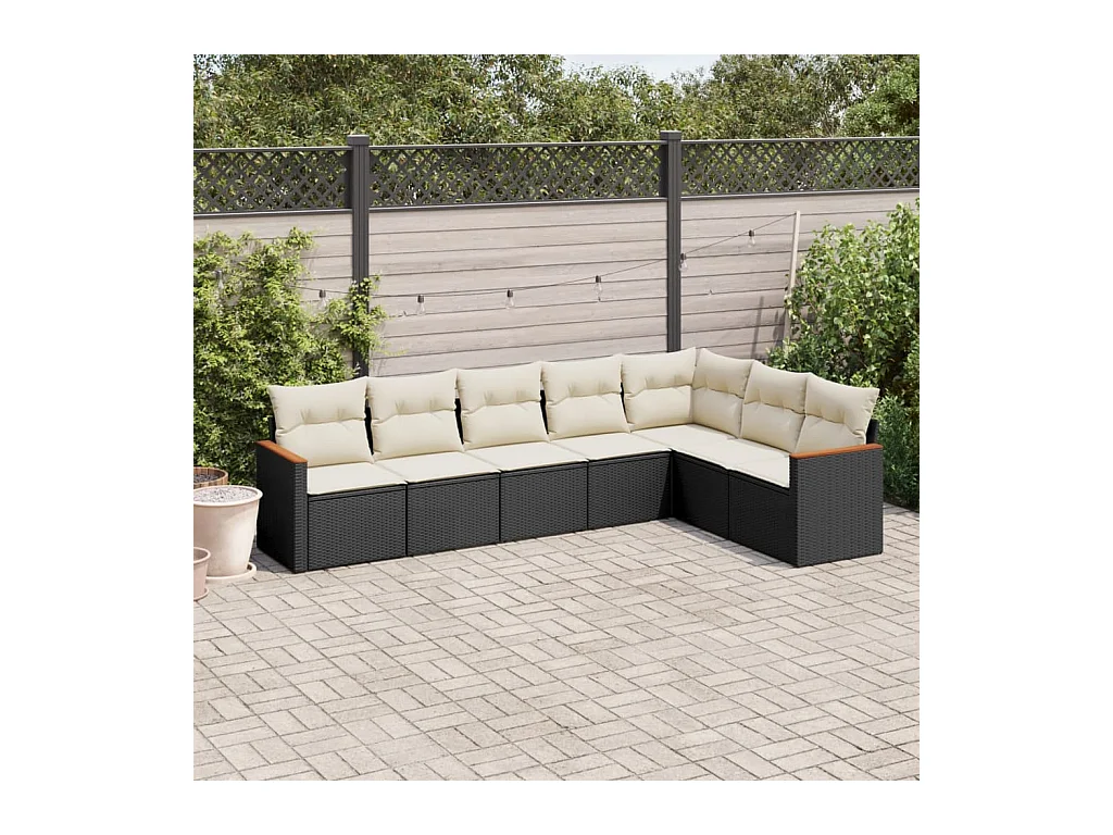 7-delige Loungeset met kussens poly rattan zwart