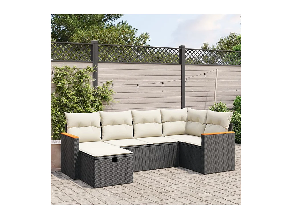 Set de sofás de jardín 6 piezas y cojines ratán sintético negro