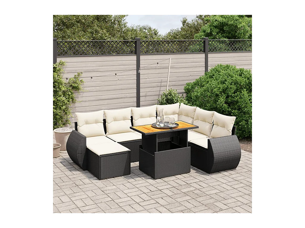 8-delige Loungeset met kussens poly rattan zwart