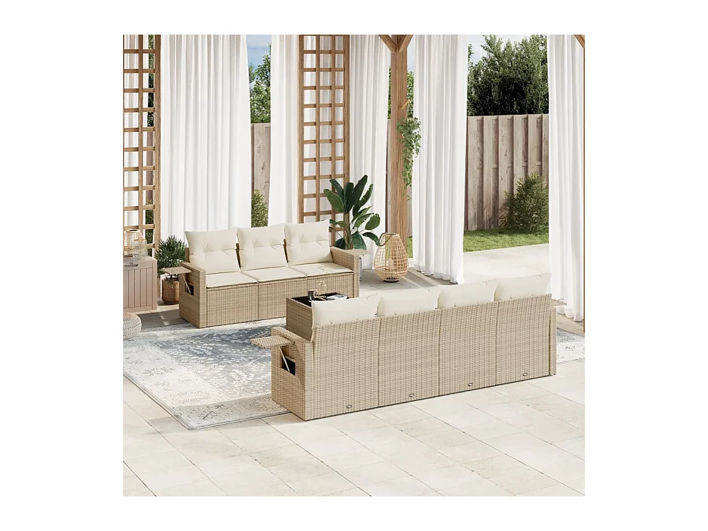 Set Divano da Giardino 8 pz con Cuscini Beige in Polyrattan