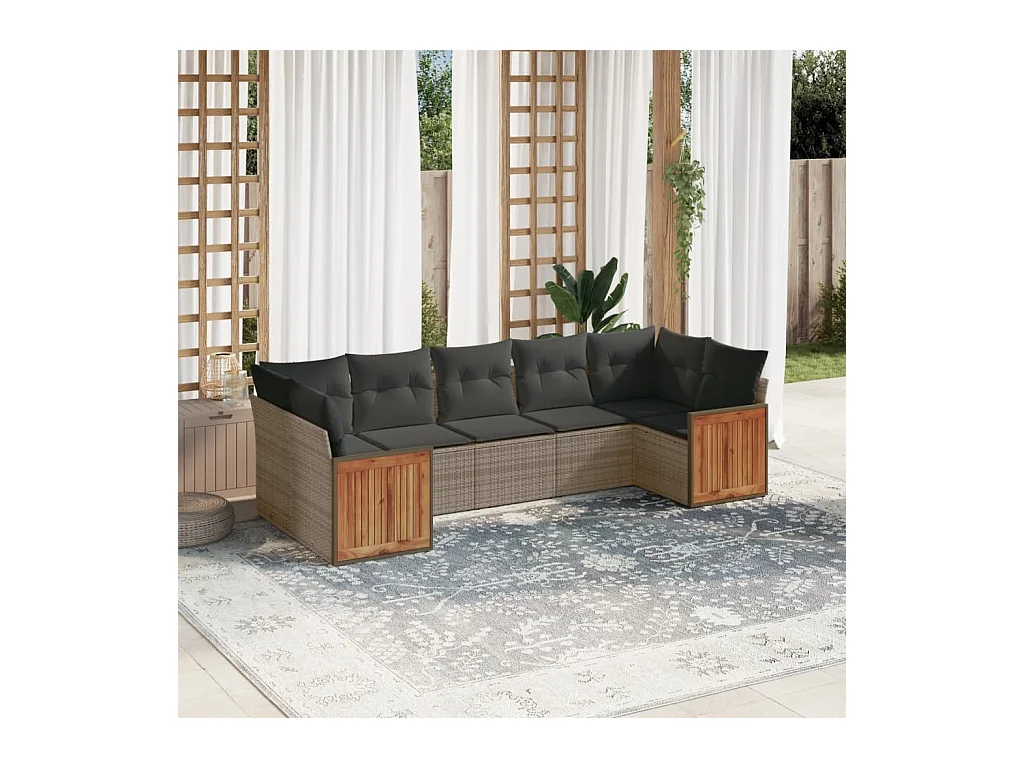 Salon de jardin avec coussins 7 pcs gris résine tressée