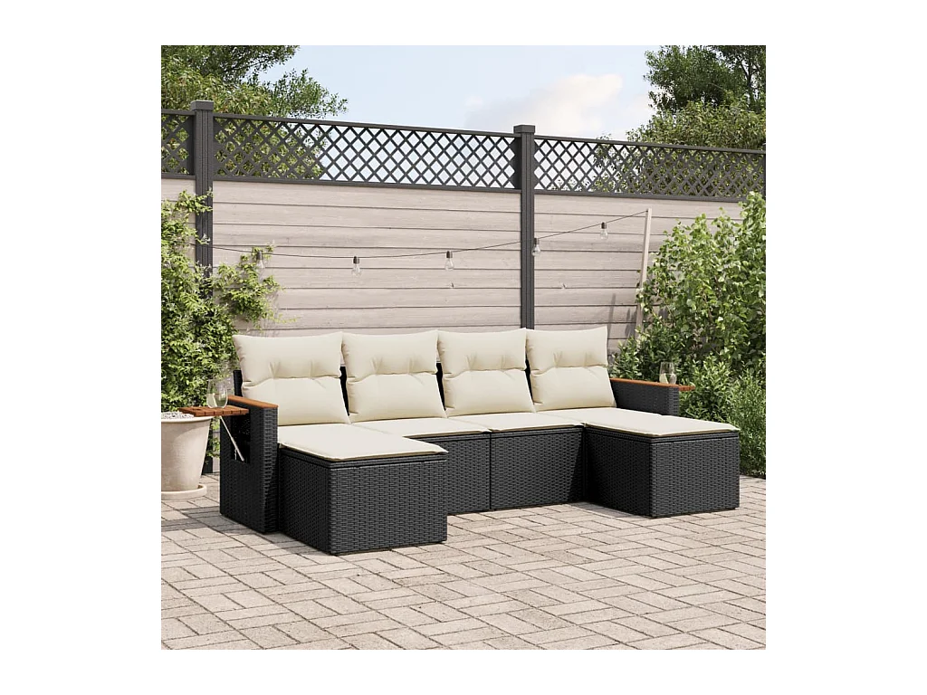 Salon de jardin 6 pcs avec coussins noir résine tressée