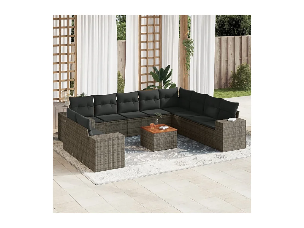 11-tlg. Garten-Sofagarnitur mit Kissen Grau Poly Rattan