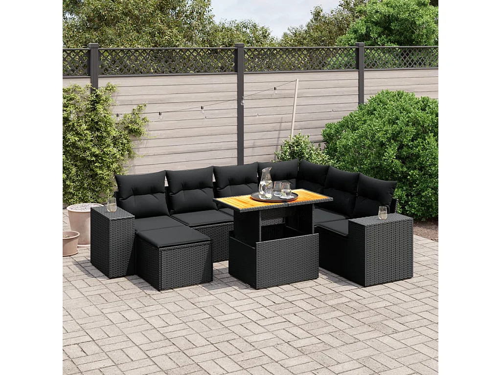 8 pcs conjunto sofás de jardim com almofadões vime PE preto