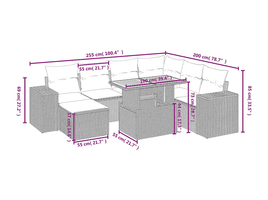 8 pcs conjunto sofás de jardim com almofadões vime PE preto
