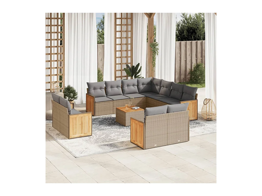 12-tlg. Garten-Sofagarnitur mit Kissen Beige Poly Rattan