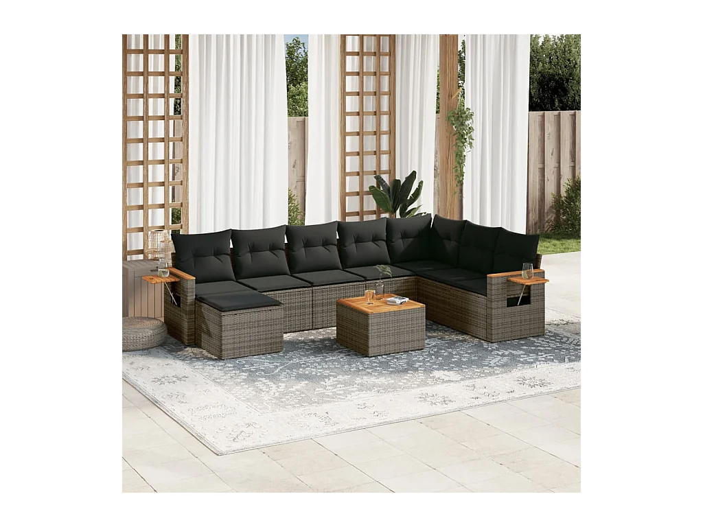 9-delige Loungeset met kussens poly rattan grijs