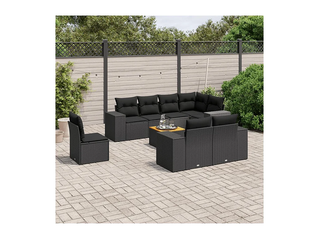 Salon de jardin 9 pcs avec coussins noir résine tressée