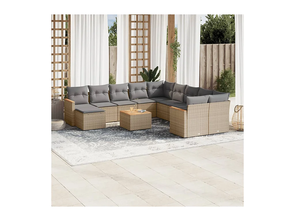 Salon de jardin avec coussins 12 pcs beige résine tressée
