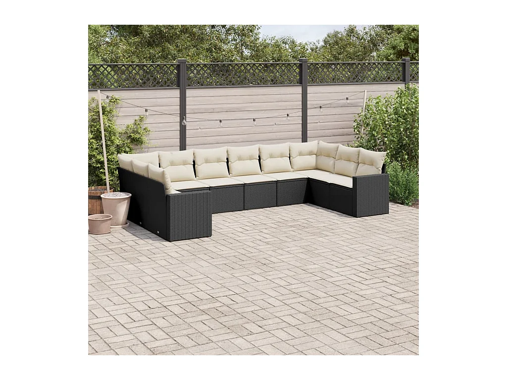 10-delige Loungeset met kussens poly rattan zwart