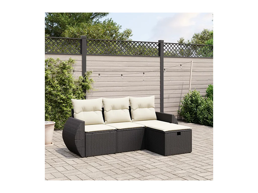 4-delige Loungeset met kussens poly rattan zwart